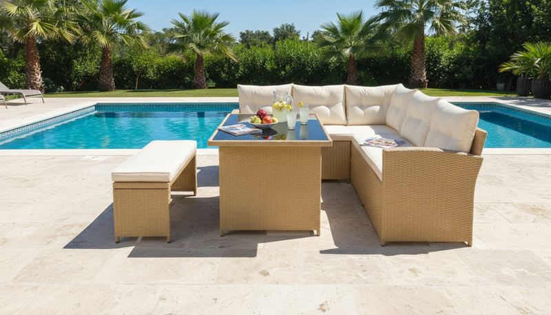 Bahamas Corner Lounge Patio Set - Brown with biege Cushions