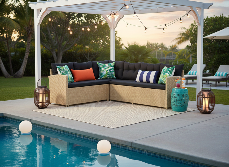 Bahamas Corner Lounge Patio Set - Brown with Black Cushions