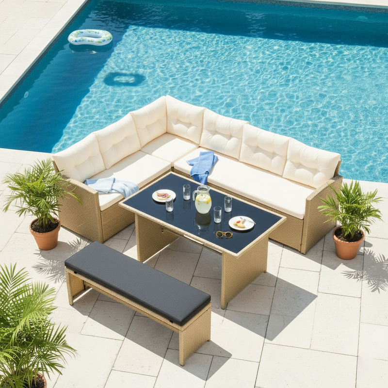 Bahamas Corner Lounge Patio Set - Brown with biege Cushions