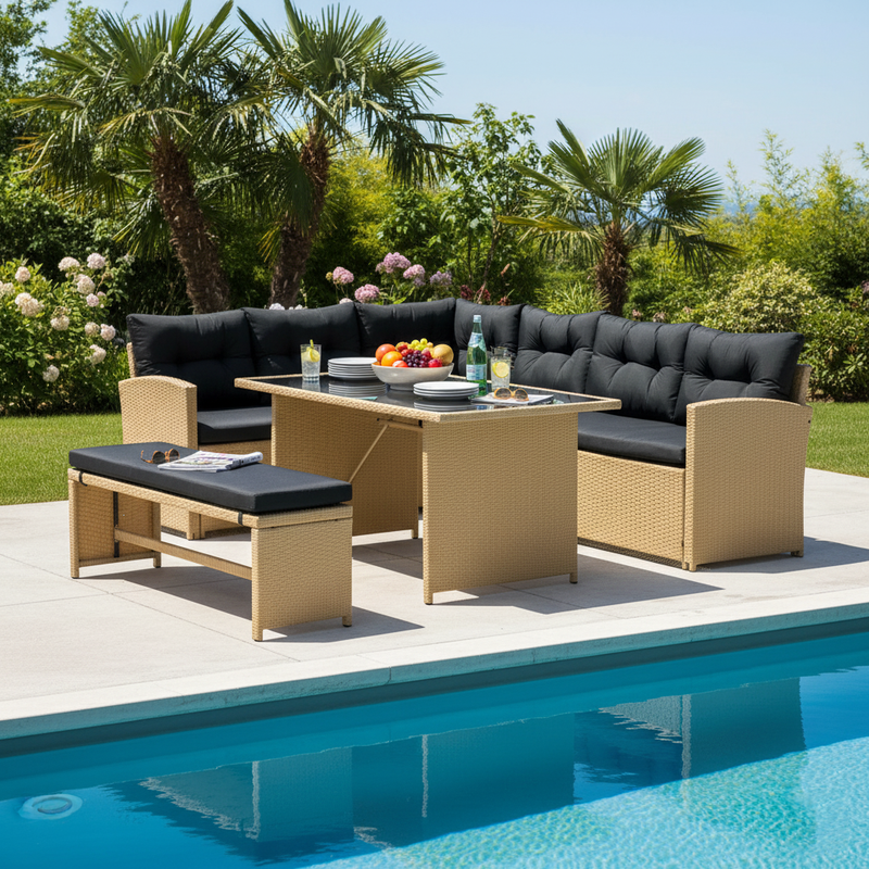 Bahamas Corner Lounge Patio Set - Brown with Black Cushions
