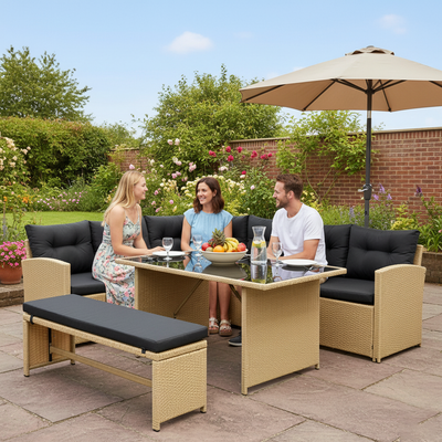 Bahamas Corner Lounge Patio Set - Brown with Black Cushions