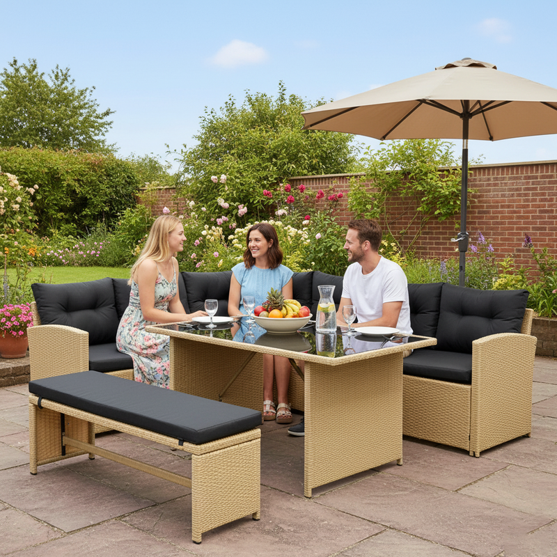 Bahamas Corner Lounge Patio Set - Brown with Black Cushions