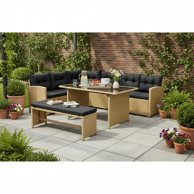 Bahamas Corner Lounge Patio Set - Brown with Black Cushions