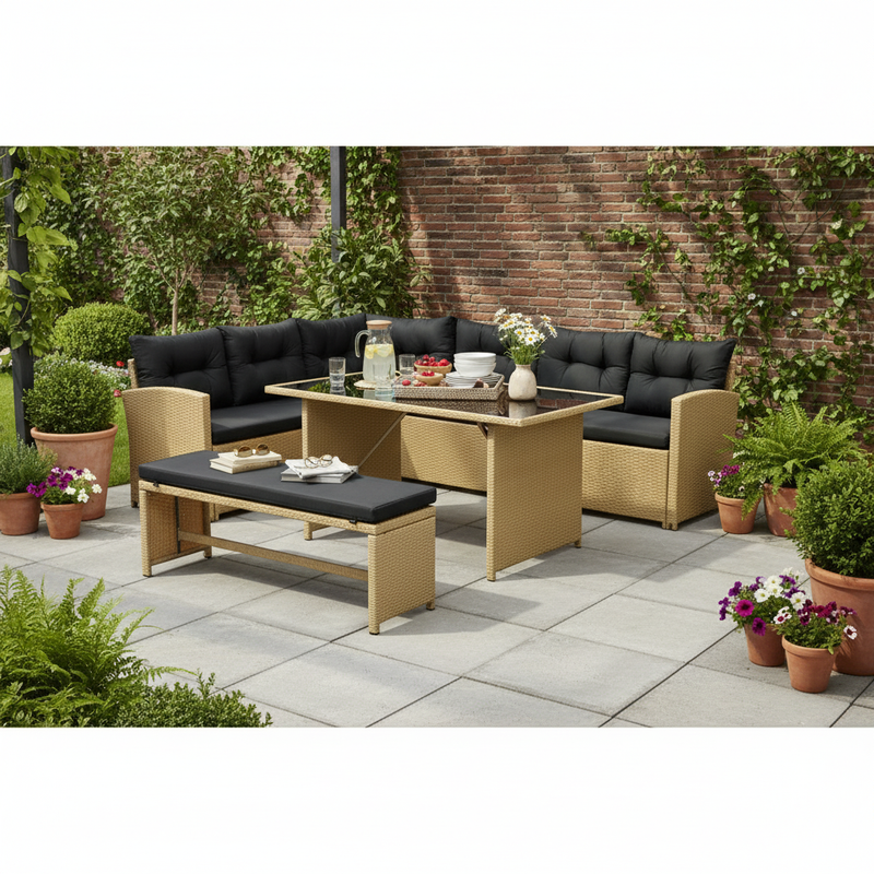 Bahamas Corner Lounge Patio Set - Brown with Black Cushions