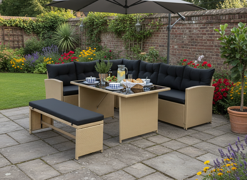 Bahamas Corner Lounge Patio Set - Brown with Black Cushions