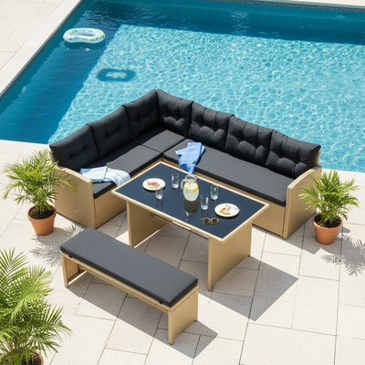 Bahamas Corner Lounge Patio Set - Brown with Black Cushions