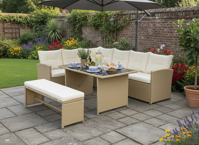 Bahamas Corner Lounge Patio Set - Brown with biege Cushions