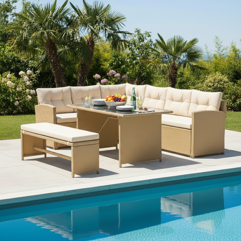 Bahamas Corner Lounge Patio Set - Brown with biege Cushions