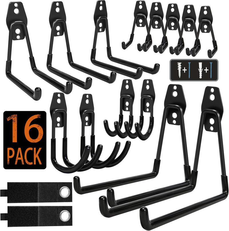 16 Pack Steel Heavy Duty Garage Storage Hooks with Anti-Slip Coating