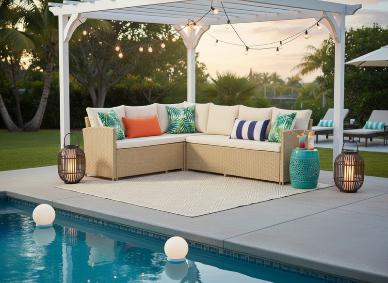 Bahamas Corner Lounge Patio Set - Brown with biege Cushions