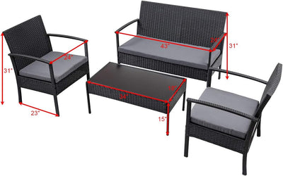 Miami 4pcs Patio Set - Black with L. Grey Cushions