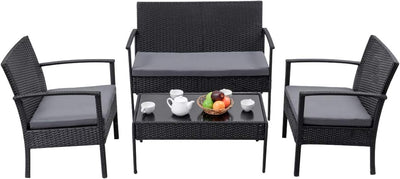 Miami 4pcs Patio Set - Black with L. Grey Cushions