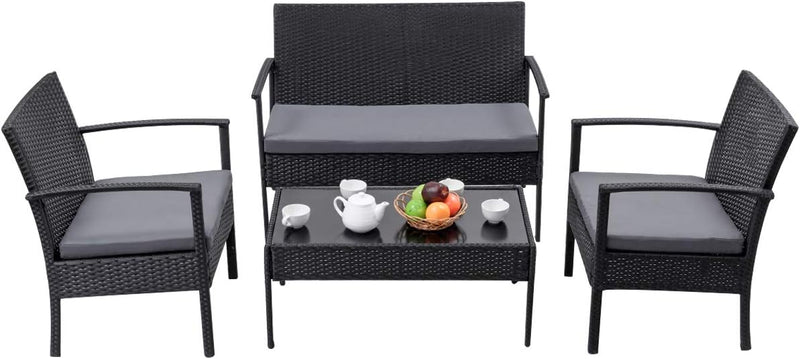 Miami 4pcs Patio Set - Black with L. Grey Cushions