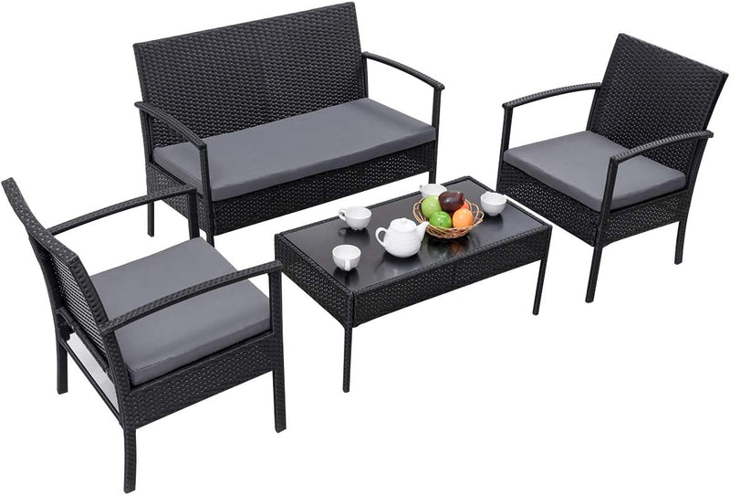 Miami 4pcs Patio Set - Black with L. Grey Cushions