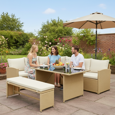 Bahamas Corner Lounge Patio Set - Brown with biege Cushions