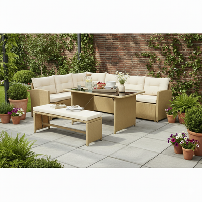 Bahamas Corner Lounge Patio Set - Brown with biege Cushions