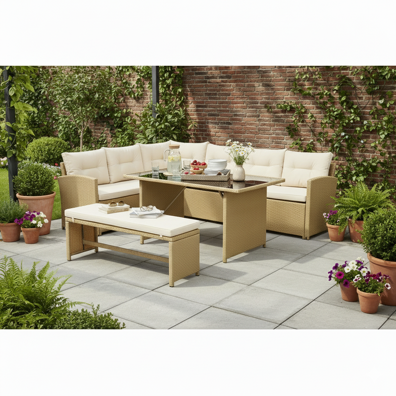 Bahamas Corner Lounge Patio Set - Brown with biege Cushions