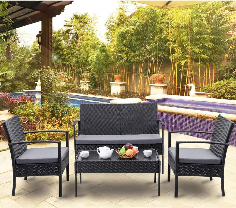 Miami 4pcs Patio Set - Black with L. Grey Cushions