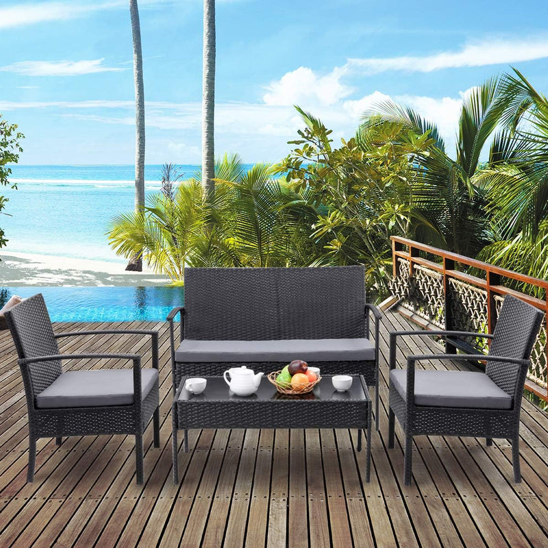 Miami 4pcs Patio Set - Black with L. Grey Cushions