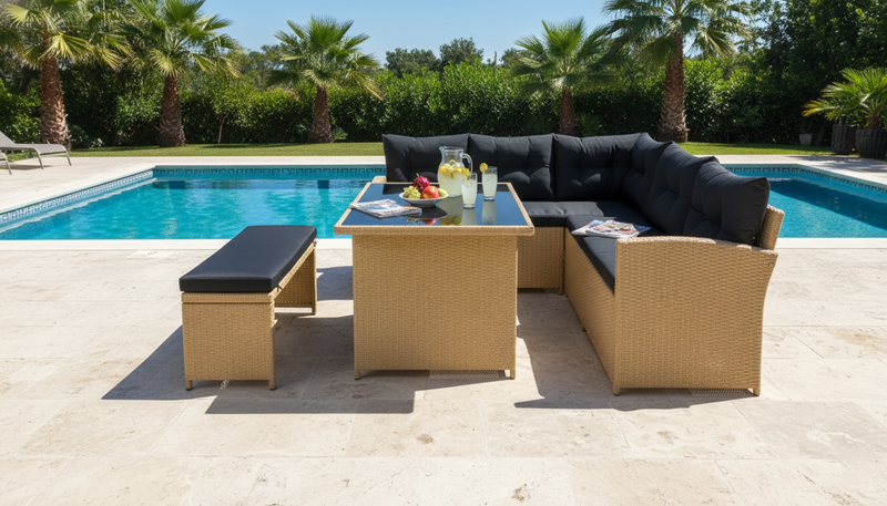Bahamas Corner Lounge Patio Set - Brown with Black Cushions