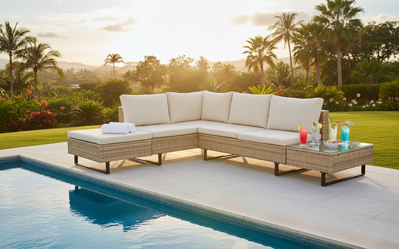 Cyprus Corner Lounge Patio Set - Brown with Light Grey Cushions