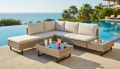 Cyprus Corner Lounge Patio Set - Brown with Light Grey Cushions