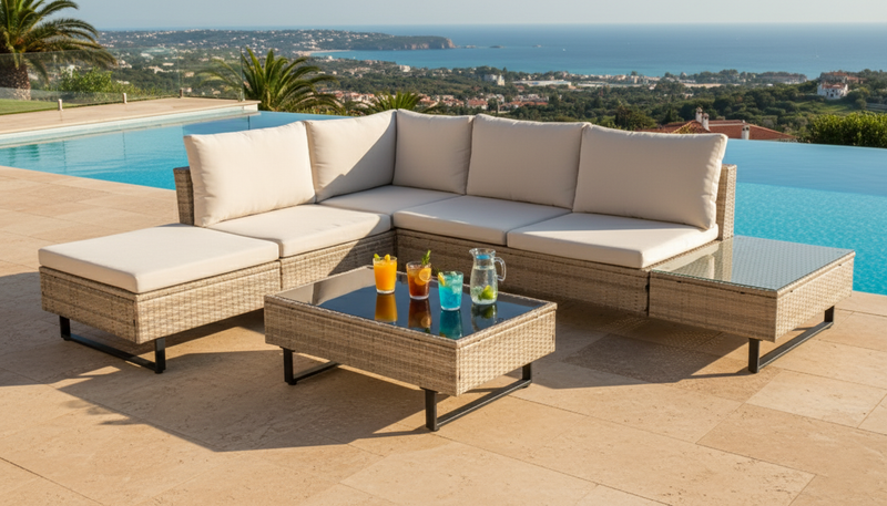 Cyprus Corner Lounge Patio Set - Brown with Light Grey Cushions