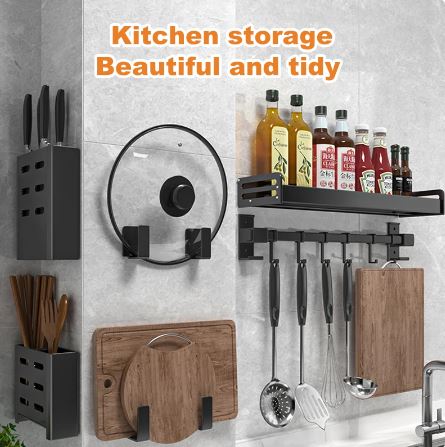 Wall-mounted Kitchen Storage Shelf Condiment Knife Spice Rack Space Aluminum Punch-free Kitchen Shelf Household Kichen Organizer