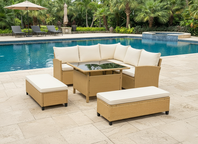 Barbados Corner Lounge Set Brown with Biege Cushions
