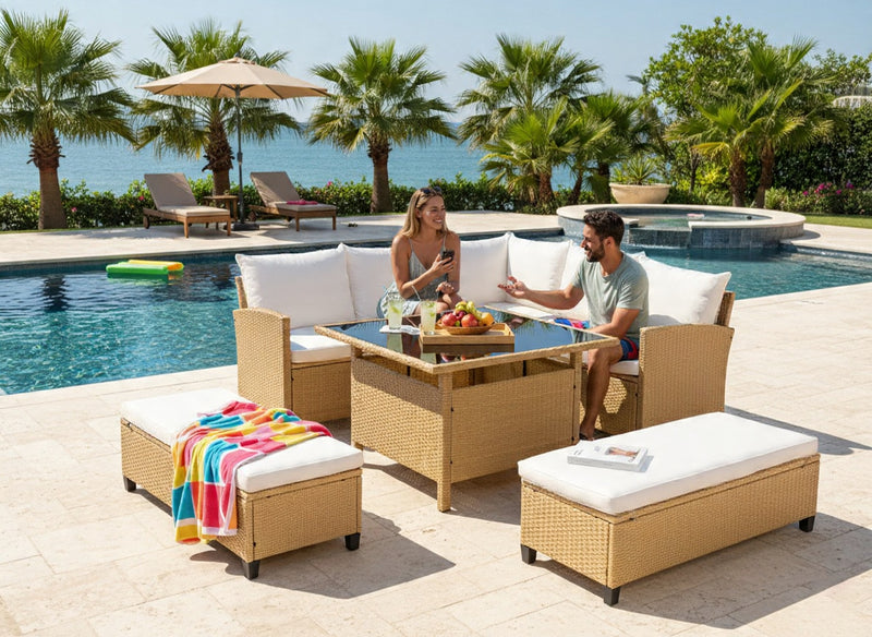 Barbados Corner Lounge Set Brown with Biege Cushions