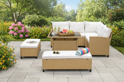 Barbados Corner Lounge Set Brown with Biege Cushions