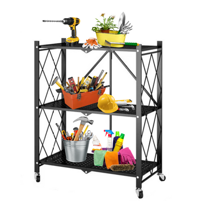 Fine Living Foldable Storage Rack-Black Metal 3 Layers