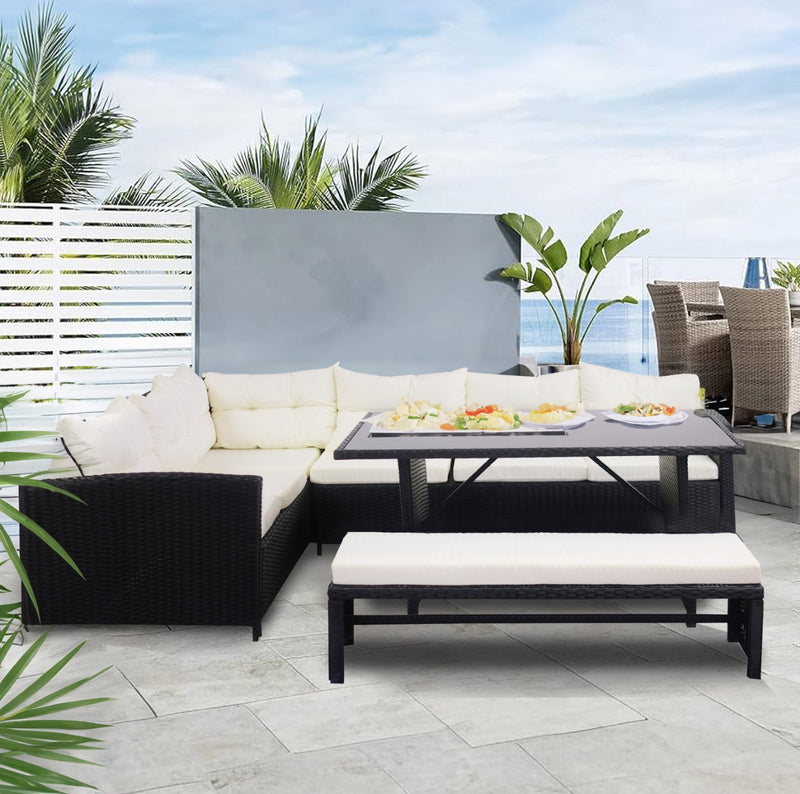 Bahamas Corner Lounge Patio Set - Black with Beige Cushions