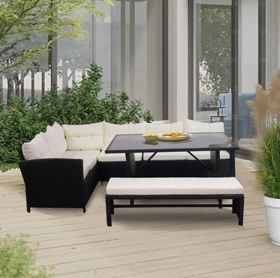 Bahamas Corner Lounge Patio Set - Black with Beige Cushions