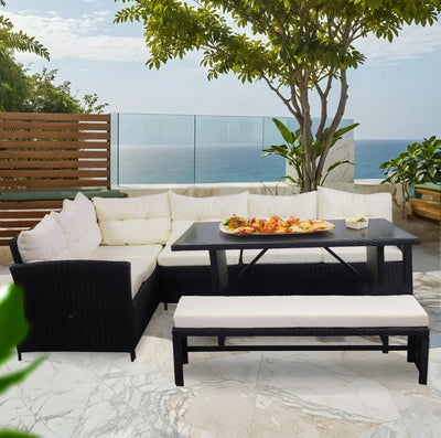 Bahamas Corner Lounge Patio Set - Black with Beige Cushions