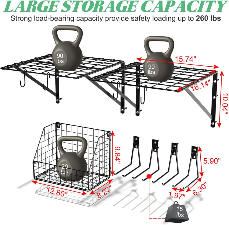 2 Pack Garage Tool Organizer Shelves Wall Mount with Wire basket