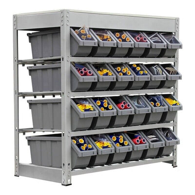 4-Tier Metal Organizer Shelving Rack with 24 Bins in Gray