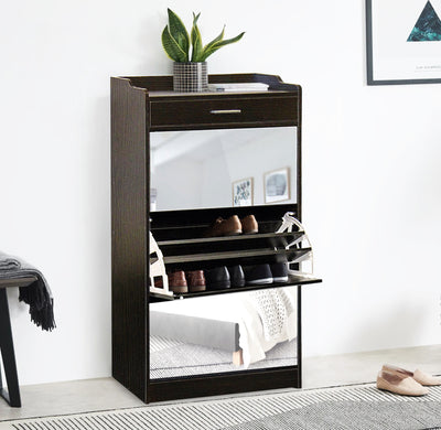 Fine Living Mirror Shoe Cabinet - 3 Tier with Draw